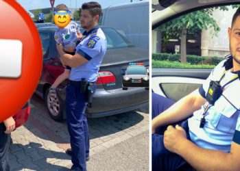 Agentul salvator | Un copil închis într-o mașină din parcarea unui magazin din Oradea a fost salvat de un polițist