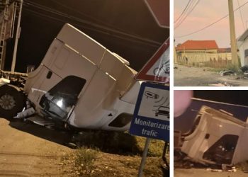 FOTO | Cabina unui camion, spulberată de un autotren, pe Șoseaua Borșului. Șoferul a scăpat ca prin minune fără să fie rănit
