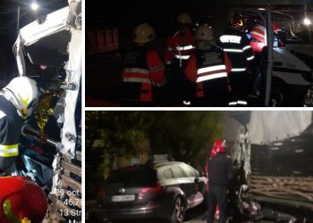 FOTO. Grav accident în Salonta | Un bărbat a rămas încarcerat în urma ciocnirii dintre un autotren și o camionetă