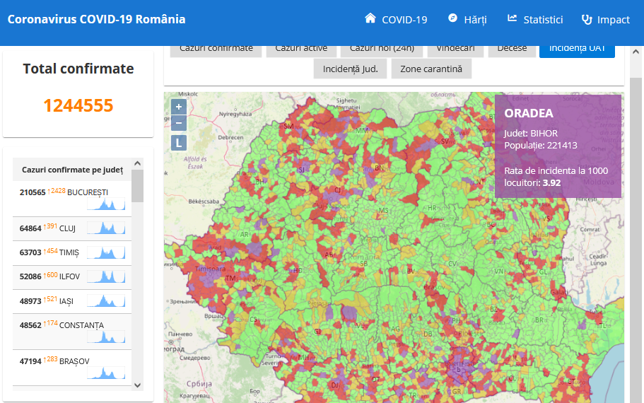 Cum puteți afla incidența COVID-19, în timp real, în fiecare localitate din România | Harta este actualizată non-stop