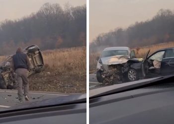 Accident grav pe DN 76, între Hidișelu de Jos și Băile Felix | Trei mașini s-au ciocnit, una dintre ele s-a răsturnat în șanț