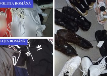 FOTO | Sute de haine și încălțăminte contrafăcute, confiscate de polițiști de la o firmă din Oradea