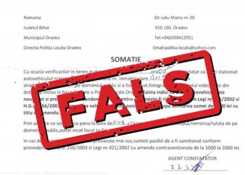 Somație falsă, cu înscrisurile Poliției Locale, găsită pe o mașină parcată pe o stradă din Oradea