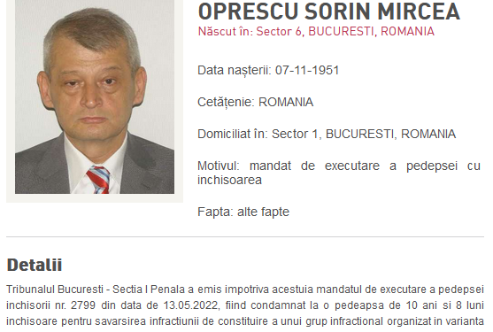 Sorin Oprescu, dat în urmărire națională după ce a fost condamnat definitiv la 10 ani și 8 luni de închisoare pentru luare de mită
