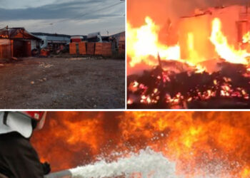 VIDEO. Incendiu violent în Bihor | Favorizate de vântul puternic, flăcările au cuprins o hală în care erau depozitate materiale lemnoase și utilaje