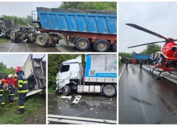 Un bihorean implicat într-un grav accident cu două tiruri. Trei răniți