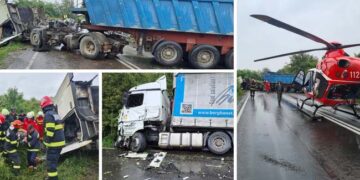 Un bihorean implicat într-un grav accident cu două tiruri. Trei răniți