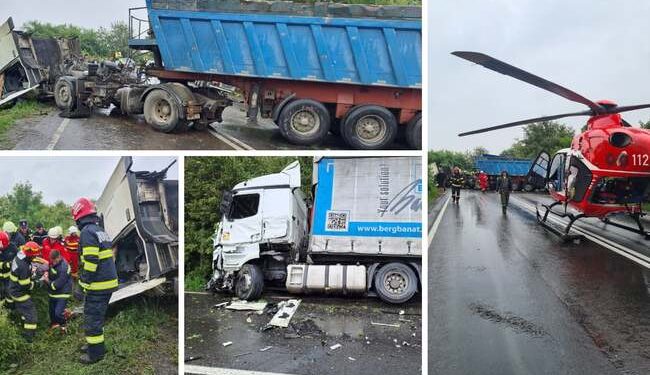Un bihorean implicat într-un grav accident cu două tiruri. Trei răniți