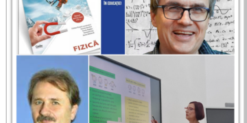 Celebrul fizician Cristian Presură împreună cu profesorii orădeni Daniela Berchez și Bogdan Károly, autorii manualului de fizică de clasa a VI-a