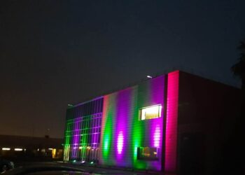 GALERIE. Imagini inedite cu o firmă din Oradea scăldată toată noapte în mov și verde.De ce au ales această imagine