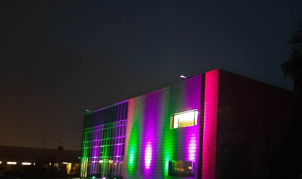 GALERIE. Imagini inedite cu o firmă din Oradea scăldată toată noapte în mov și verde.De ce au ales această imagine