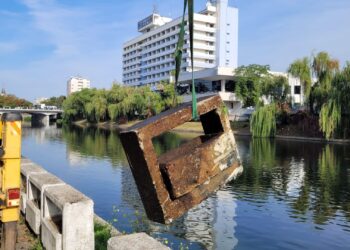GALERIE. Jardinierele de pe malul crișului, aruncate în apă de vandali