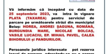 Din 25 septembrie, se plătește parcarea în Beiuș
