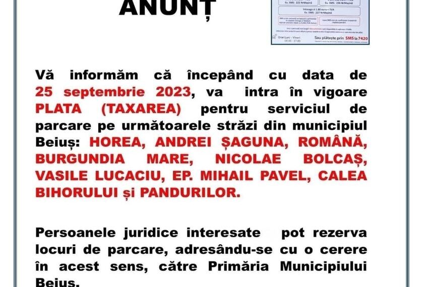 Din 25 septembrie, se plătește parcarea în Beiuș