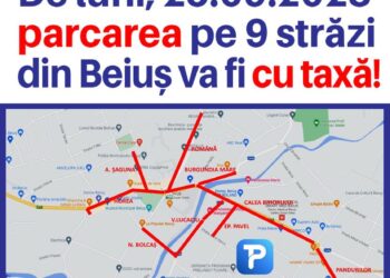 Începând de luni, 25 septembrie, parcarea pe 9 străzi din Beiuș e cu plată. Un abonament persoane juridice cu rezervare – 1.000 lei/an
