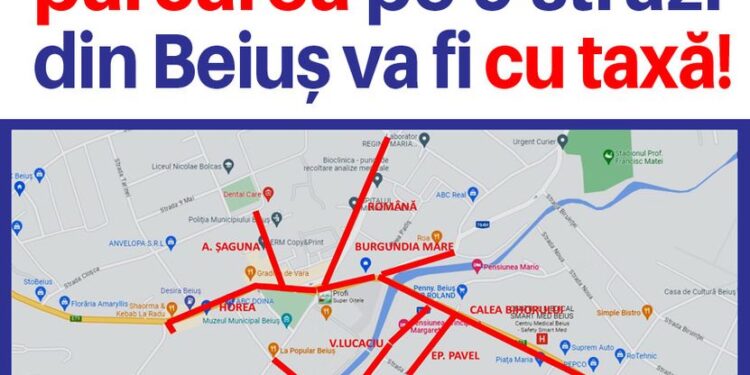 Începând de luni, 25 septembrie, parcarea pe 9 străzi din Beiuș e cu plată. Un abonament persoane juridice cu rezervare – 1.000 lei/an