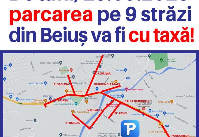 Începând de luni, 25 septembrie, parcarea pe 9 străzi din Beiuș e cu plată. Un abonament persoane juridice cu rezervare – 1.000 lei/an