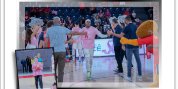 GALERIE. Adriana,orădeanca cu poveste de succes în lupta cu cancerul, aruncarea simbolică la meciul de baschet de aseară