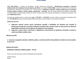 COMUNICAT DE PRESĂ: „PNRR:Fonduri pentru România modernă și reformată„ UAT SĂLACEA, în calitate de Beneficiar, anunță demararea proiectului ,, Eficientizarea energetica a Centrului multifunctional din localitatea Comuna Salacea, jud. Bihor”