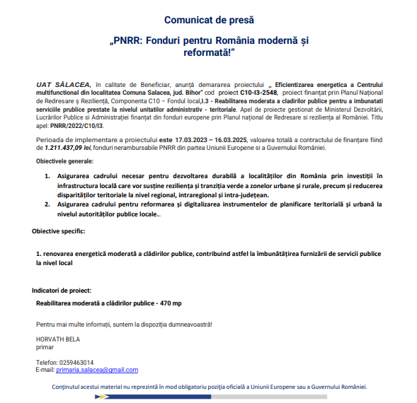 COMUNICAT DE PRESĂ: „PNRR:Fonduri pentru România modernă și reformată„ UAT SĂLACEA, în calitate de Beneficiar, anunță demararea proiectului ,, Eficientizarea energetica a Centrului multifunctional din localitatea Comuna Salacea, jud. Bihor”