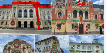 Cinci clădiri emblematice din Piața Unirii îmbrăcate în ornamente decorative specifice sărbătorilor de iarnă
