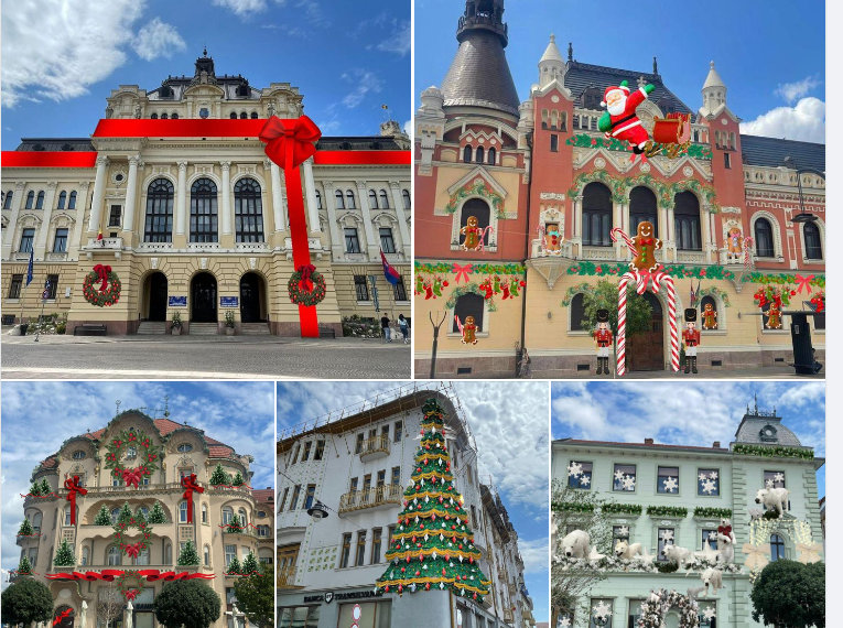 Cinci clădiri emblematice din Piața Unirii îmbrăcate în ornamente decorative specifice sărbătorilor de iarnă