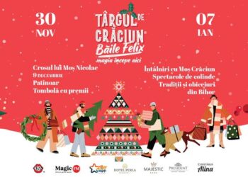 Atmosferă de poveste:bradul luminat de mii de luminițe și Moș Crăciun la târgul din Băile Felix