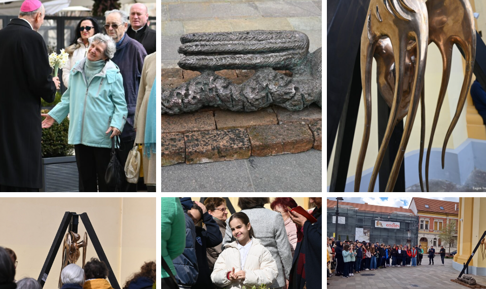 Artistul a cărui operă ilustrează celebra apoftegmă«Frumosul e întotdeauna bizar», expune în Piața Unirii.„Îngerul” și „Îngerul căzut”, la intrare în Catedrala Greco-Catolică