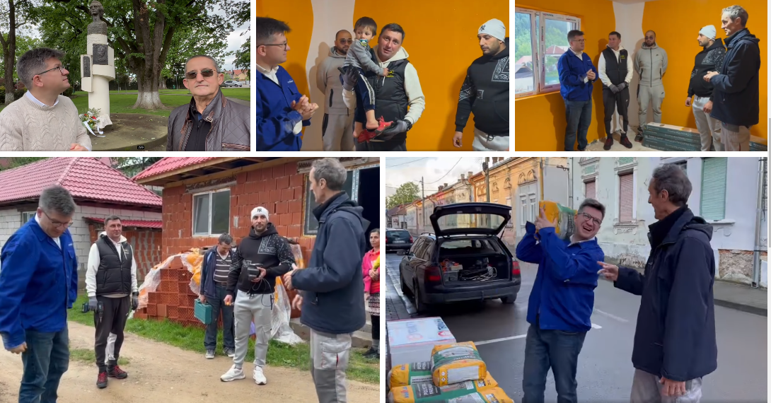 Mihail Neamțu, voluntar în Grui, Budureasa, pentru a schimba destinul unei mame cu 8 copii. La statuia lui Eminescu cu notarul Iosif Tocoianu