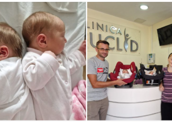Sefora și Sara, gemenele care au venit pe lume prin naștere naturală la Clinica Euclid din Oradea. A doua fetiță a fost în prezentația transversală, poziția care provoaca cele mai mari dificultăți la naștere