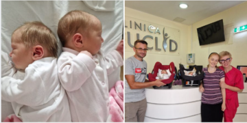 Sefora și Sara, gemenele care au venit pe lume prin naștere naturală la Clinica Euclid din Oradea. A doua fetiță a fost în prezentația transversală, poziția care provoaca cele mai mari dificultăți la naștere