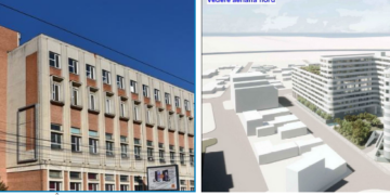 Cade și fațada Imprimeriei de Vest.Două blocuri cu 8 și 11 etaje vor lua locul imobilului unde se tipăreau  2.000.000 de volume de cărţi/an