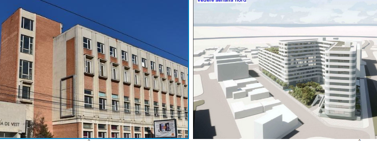 Cade și fațada Imprimeriei de Vest.Două blocuri cu 8 și 11 etaje vor lua locul imobilului unde se tipăreau  2.000.000 de volume de cărţi/an