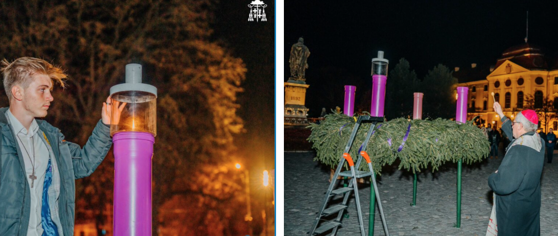 S-a aprins prima lumina pe coroana de Advent ridicată în fața Catedralei Romano-Catolice din Oradea