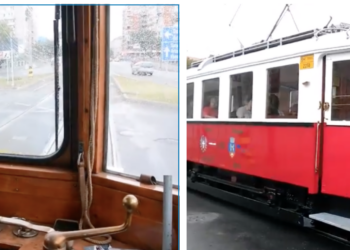Cum circula tramvaiul de epoca, de Crăciun, prin Oradea. E împodobit special de sărbători