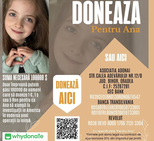 100.000 de dolari pentru Ana, o fetiță de 9 ani din Oradea care trebuie sa facă a 6-a operație pe cord, în Boston