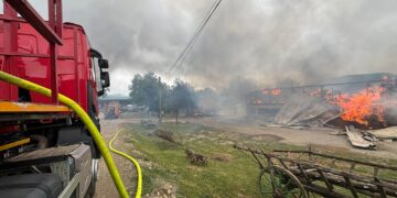 Panică în Șinteu: Hală cu material lemnos, cuprinsă de flăcări uriașe