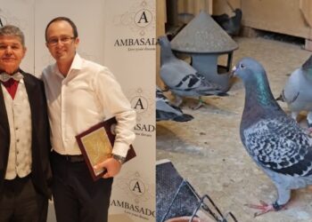 Andrei Bondar, campionul local (dreapta ) organizatorul evenimentului alături de Horváth Károly, campion columbofil național, al Ungariei