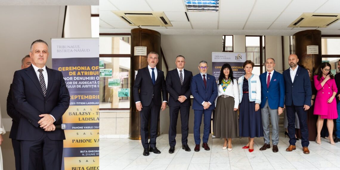 Alin Moruțan, decanul Baroului Bistrița-Năsăud, în prim plan, inițiatorul proiectului prin care mai multe săli de judecată din Palatul de Justiție Bistrița au primit denumiri onorifice alături de invitații săi