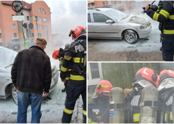 Alertă în Aleșd: mașină cuprinsă de incendiu într-o parcare