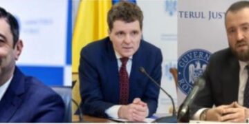 Nicușor Dan - Președintele României încadrat la stînga de Alex Florența - Procuror General PÎCCJ, și Marius Voineag Procuror Șef DNA