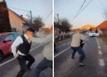 Momente din conflictul fizic petrecut pe carosabil, surprinse în capturi dintr-o înregistrare video ajunsă în spațiul public, în care apar Gabor Mihai Sorin, cunoscut ca „Grecu’”, și Borciu Mihai‑Nicolae.