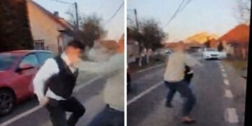 Momente din conflictul fizic petrecut pe carosabil, surprinse în capturi dintr-o înregistrare video ajunsă în spațiul public, în care apar Gabor Mihai Sorin, cunoscut ca „Grecu’”, și Borciu Mihai‑Nicolae.